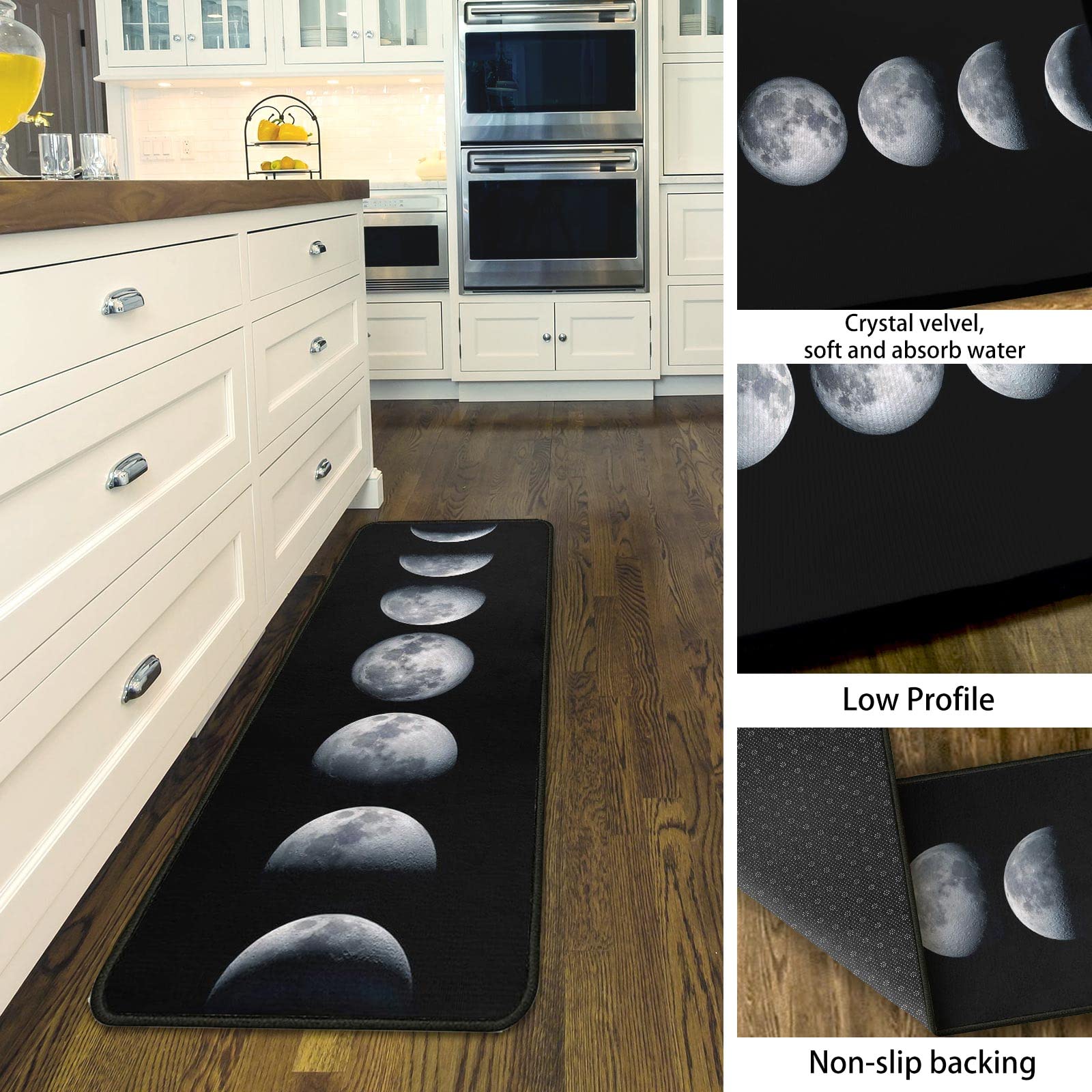 Moon Kitchen Rugs Set 2 Pieces Black Non Skid Kitchen Floor Rug And Mat Kitchen Runner Rug Standing Area Mat Carpets For Floor D
